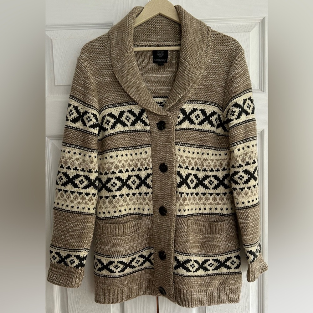 SANSARA Wool Blend Beige Fair Isle Chunky Knit Nordic Sweater Cardigan Sz Medium